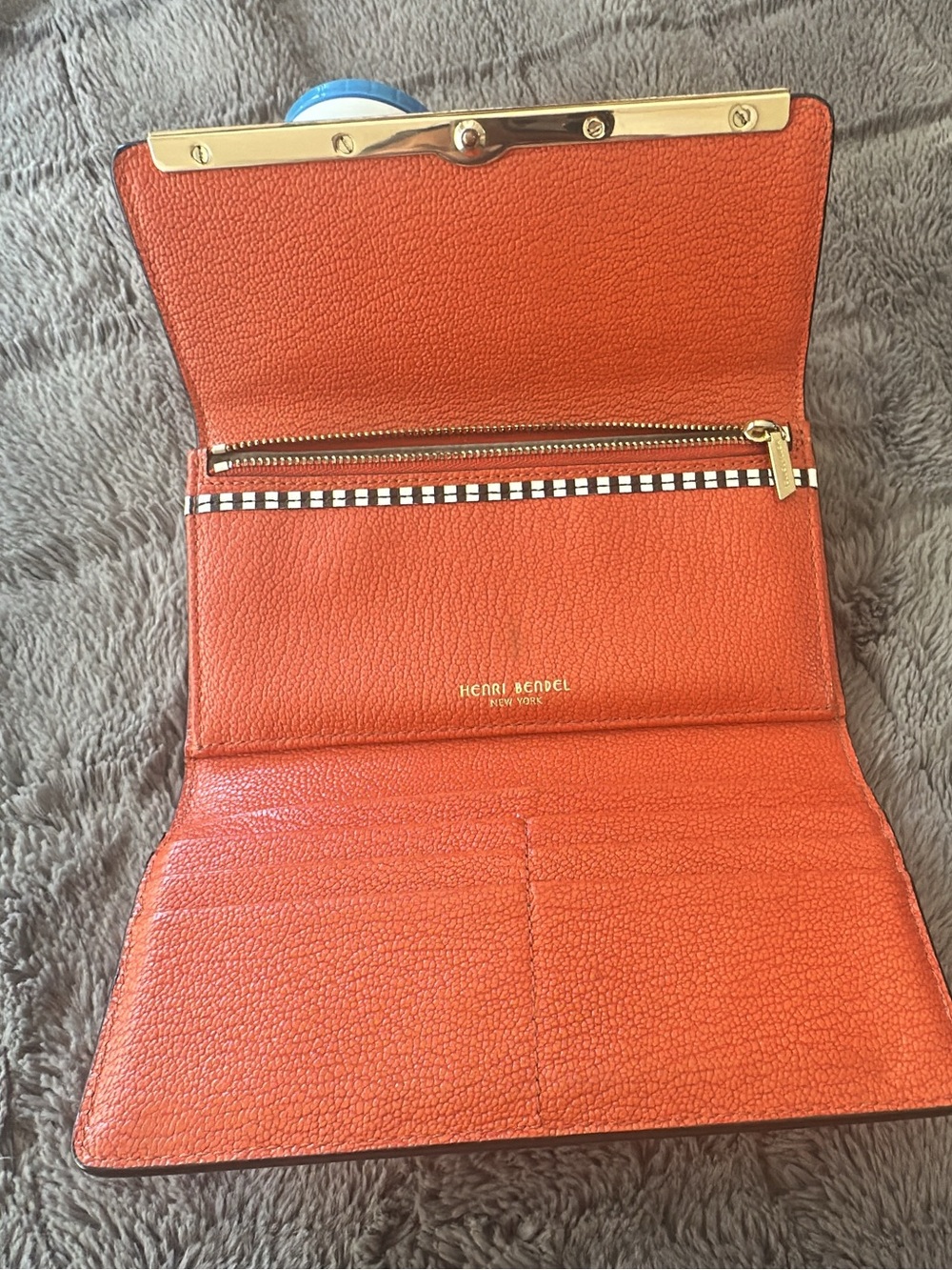 Henri Bendel orange & Gold Trifold Leather Wallet Zip Pocket 7.5" x 4" (bags26)